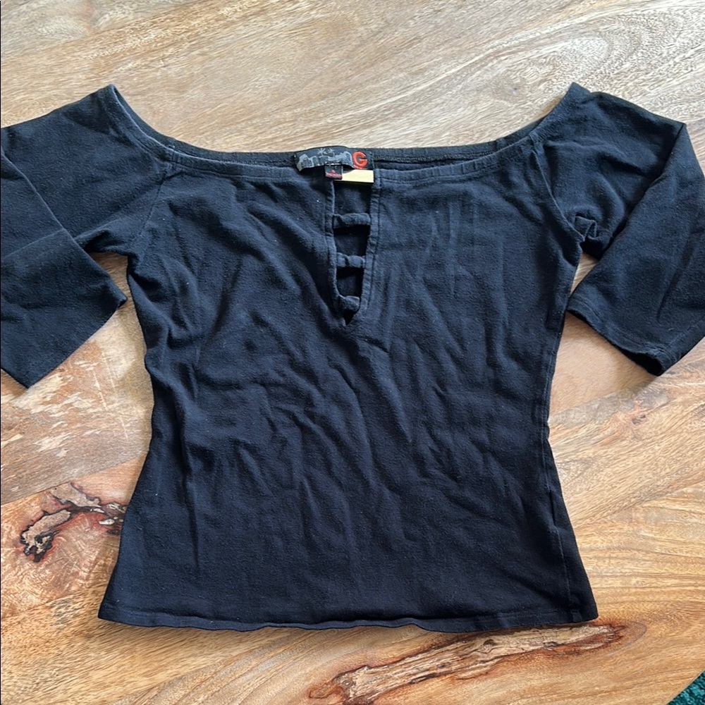 G by Guess Black Fitted 3/4 Sleeve Blouse